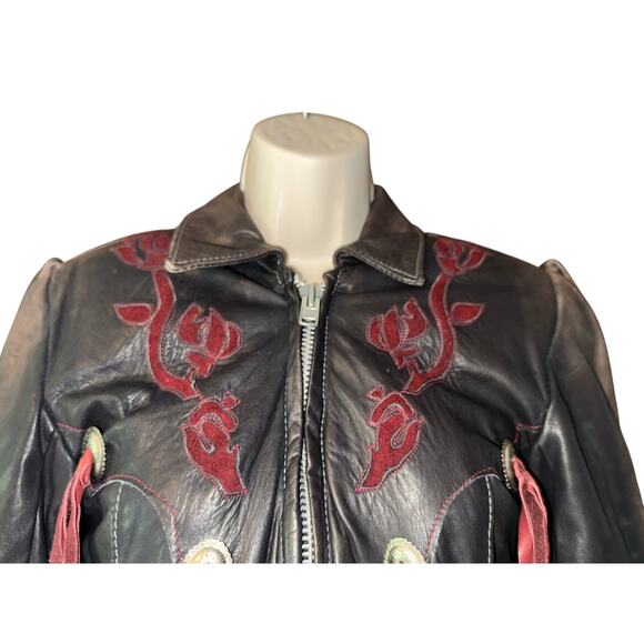 Vintage Dallas Leather Fringe Jacket Brown w/ Burgundy Rose Embroidery Size 10 - Picture 7 of 12